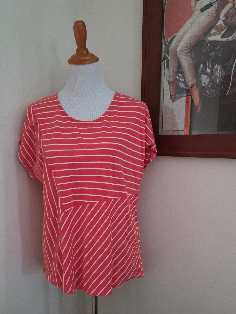 Chico's Coral and White Striped Short Sleeve Top